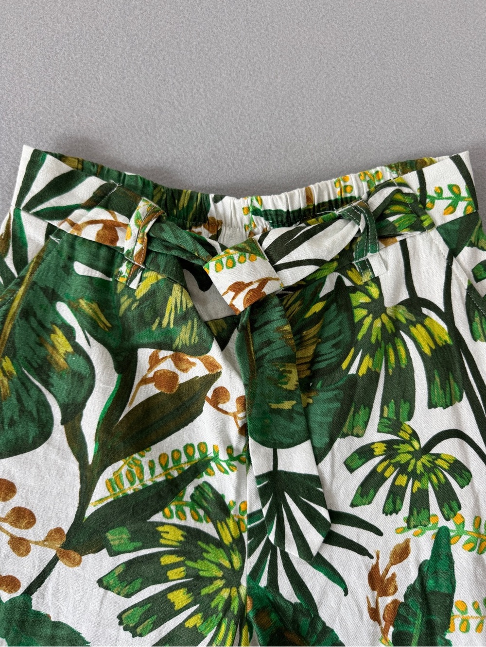 Joie Tropical Print Linen Blend Wide Leg Crop Pants Tie Waist Green White Size M - Picture 2 of 14